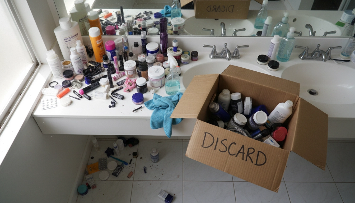 A person sorting through toiletries and placing them in a box next to a bathroom counter organizer.