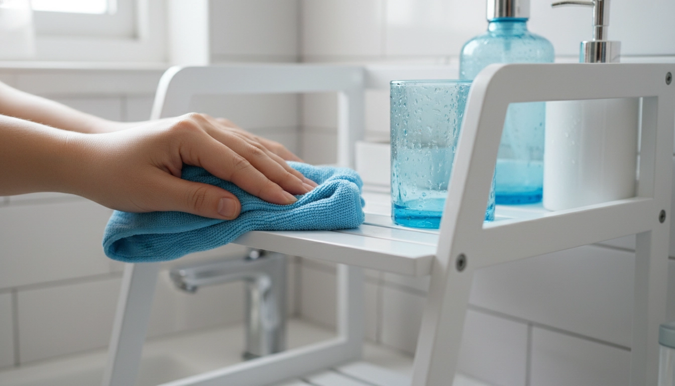 A hand using a microfiber cloth to wipe down a bathroom counter organizer.