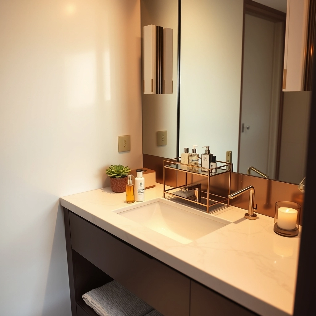 A perfectly tidy vanity featuring a bathroom counter organizer on a clean marble top.