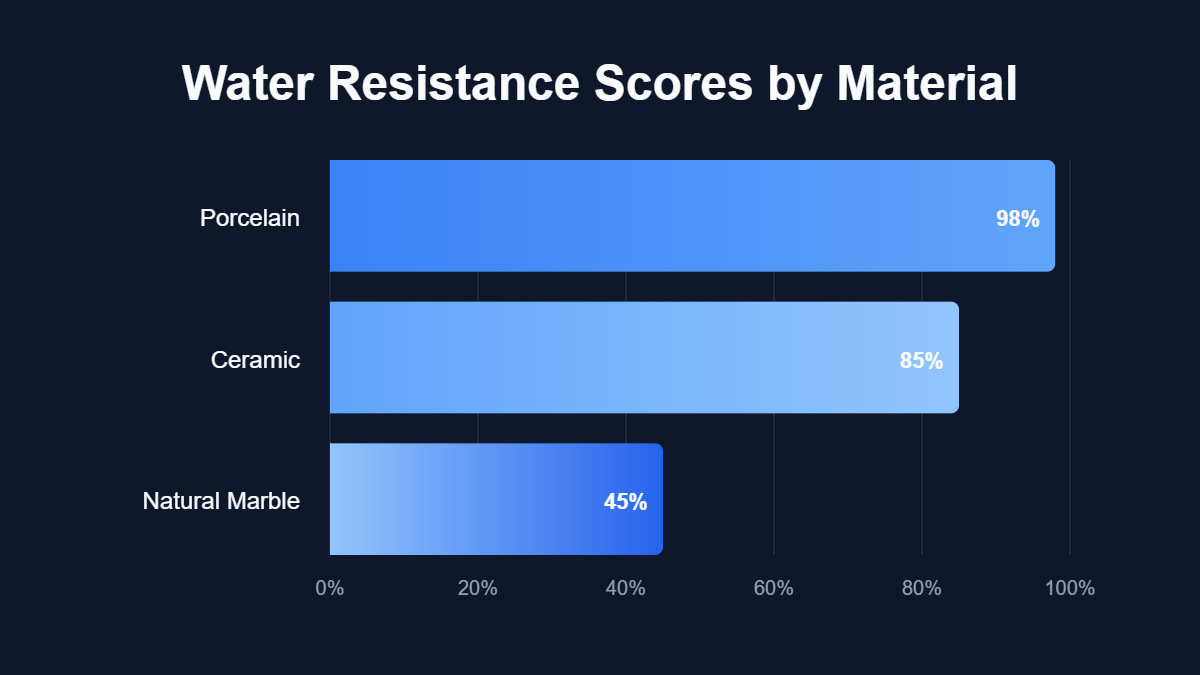 A bar chart titled "Water Resistance Scores by Material" showing data for Porcelain, Ceramic, Natural Marble.