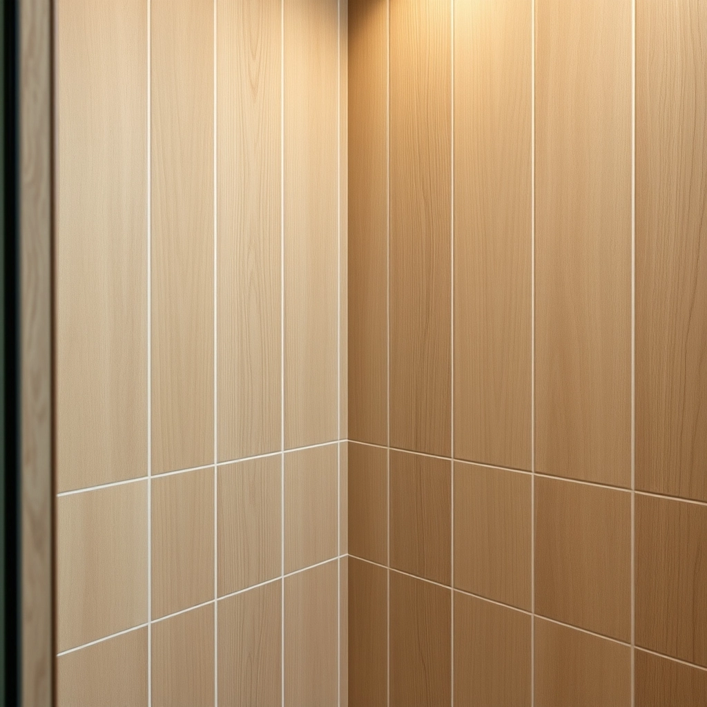 A shower featuring wood-look porcelain tiles, which is often considered the best tile for shower walls due to its durability.