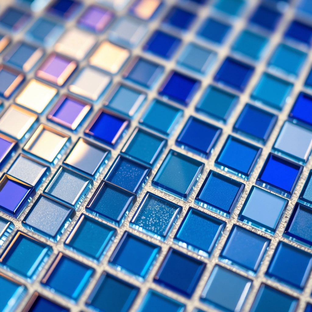Intricate blue glass mosaic tiles on a shower wall, highlighting the luxury aesthetic and frequent grout lines.