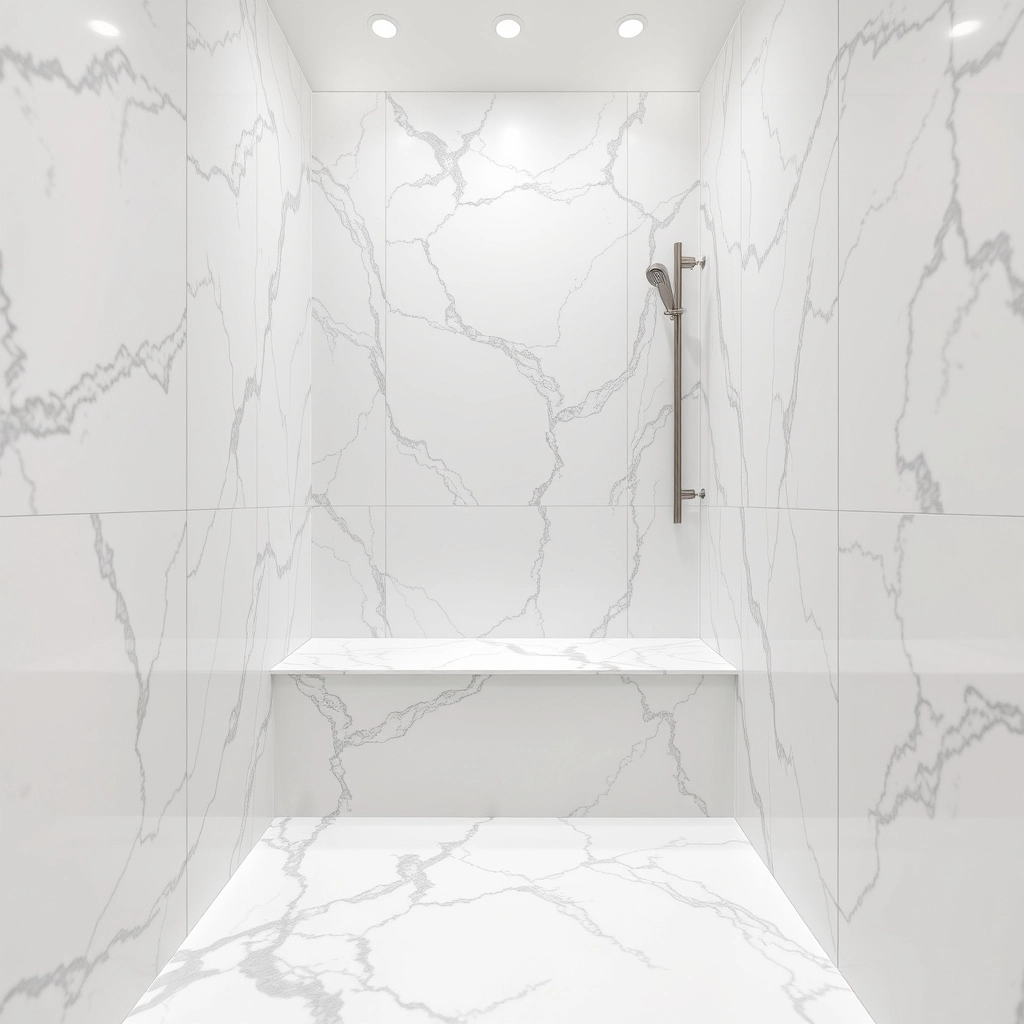 A luxury shower lined with natural Carrara marble, which requires high maintenance compared to other shower wall tiles.