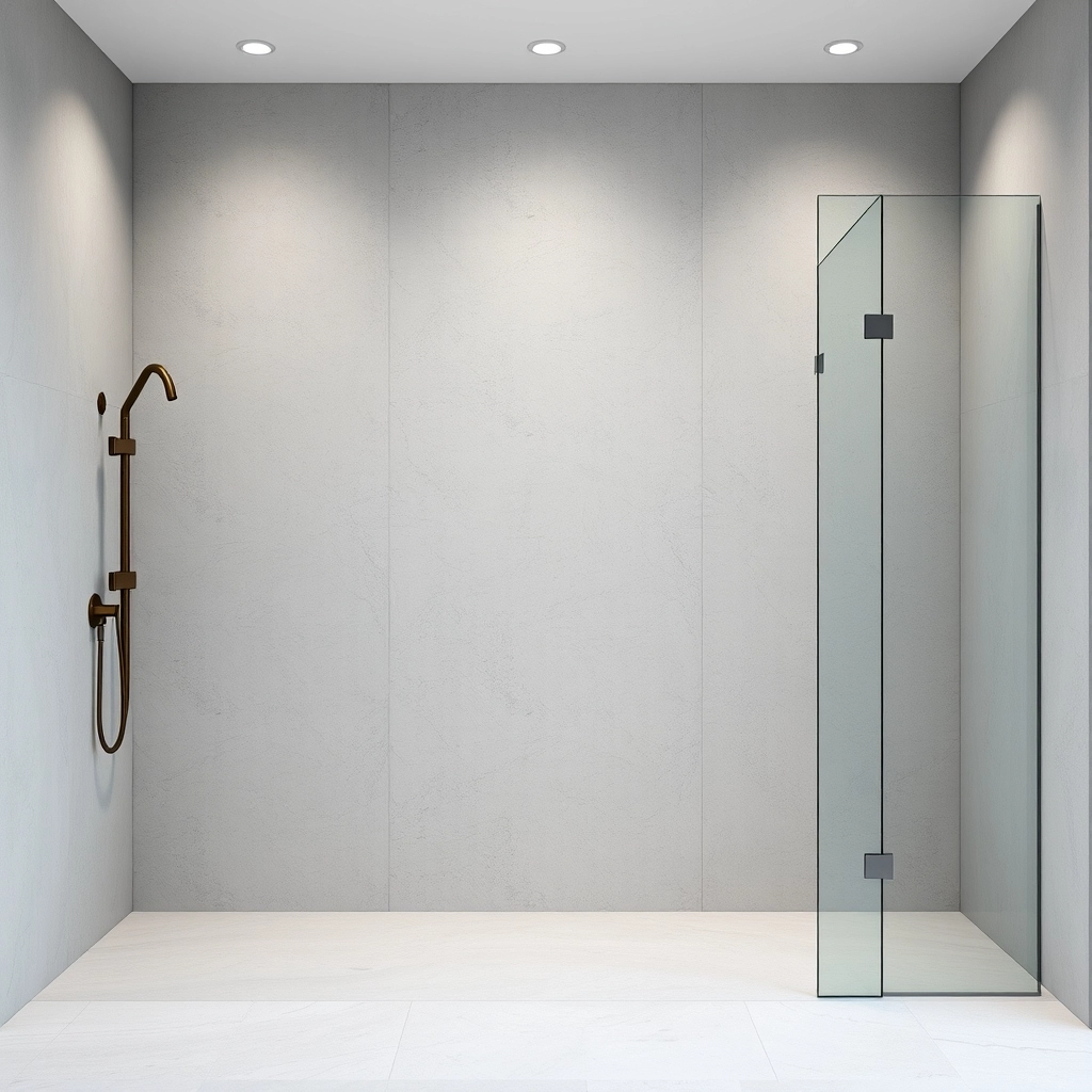 A minimalist shower design using large format porcelain panels to minimize grout lines and maintenance.