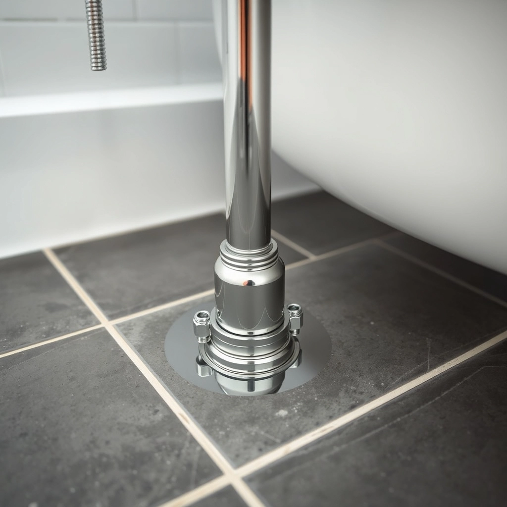 A close-up of a chrome floor-mounted faucet next to a freestanding bath with shower.