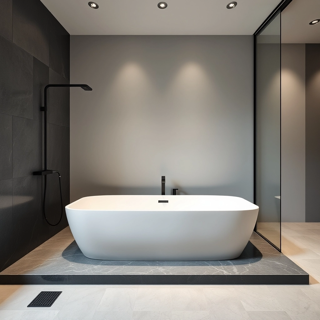 A modern stone resin freestanding bath with shower featuring matte black hardware in a wet-room layout.