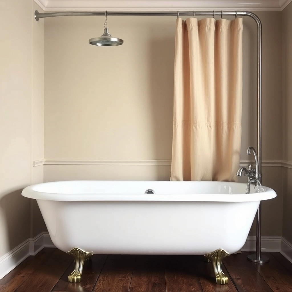 A vintage-style clawfoot freestanding bath with shower featuring a circular hoop curtain rod.