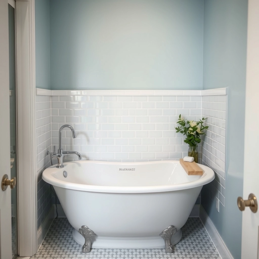 A space-saving back-to-wall freestanding bath with shower in a small tiled bathroom.