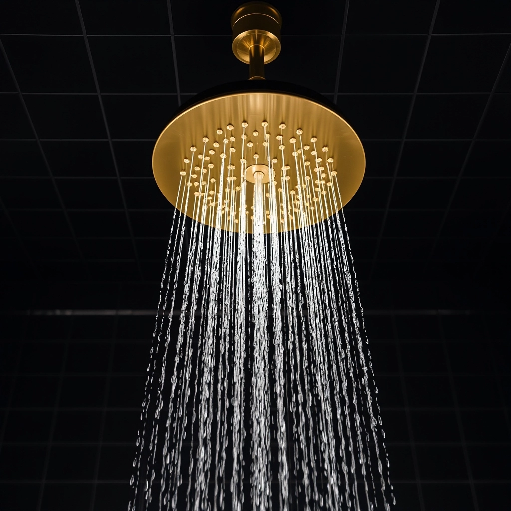 A luxury master bathroom featuring a ceiling-mounted rainfall head over a freestanding bath with shower.