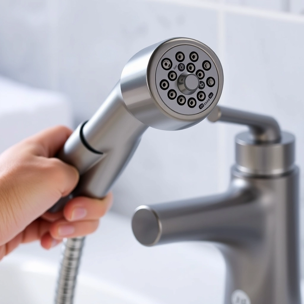 A close-up of a handheld shower attachment on a freestanding bath with shower faucet.