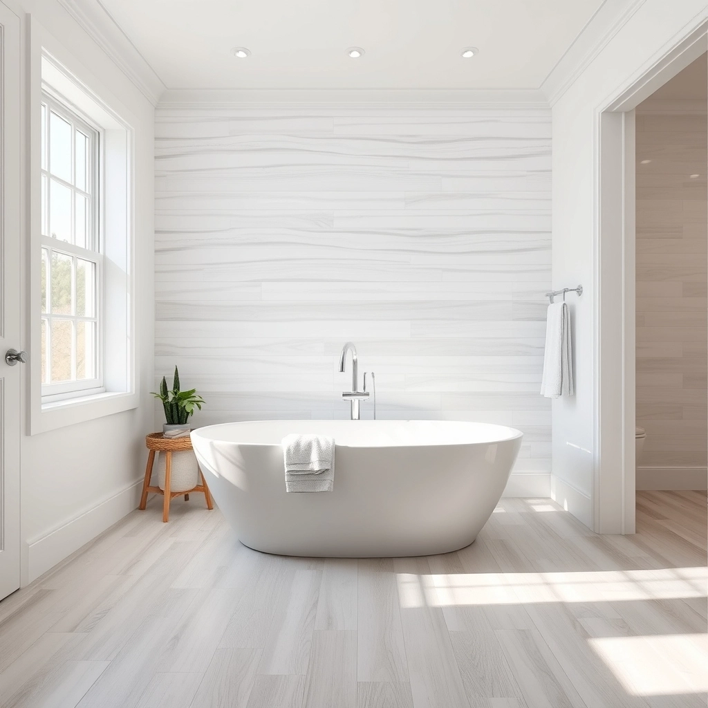 A professionally installed freestanding bath with shower showing proper floor drainage and solid fixtures.