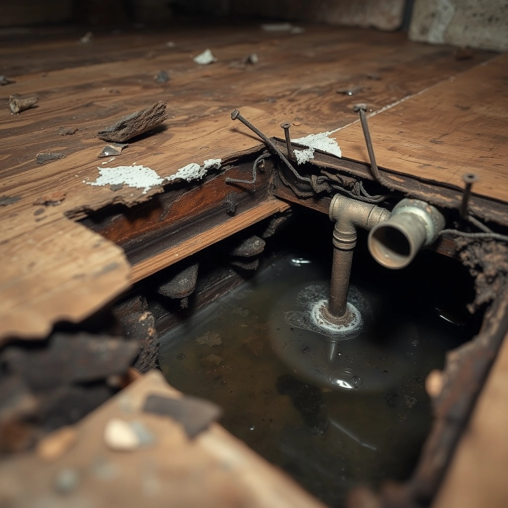 A close-up of rotten wooden subflooring and damp joists discovered during a bathroom remodel to show hidden costs.