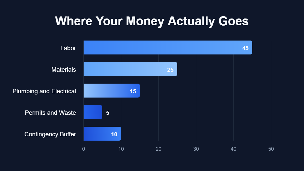 A pie chart titled "Where Your Money Actually Goes" showing data for Labor, Materials, Plumbing and Electrical, Permits and Waste, Contingency Buffer.