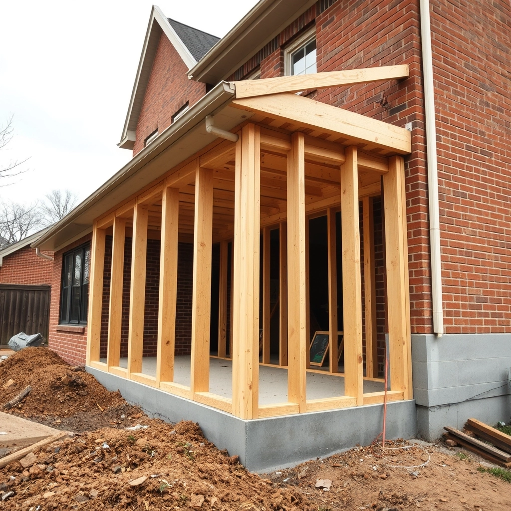 New concrete foundation and wooden wall framing for a master suite addition to the side of an existing house.