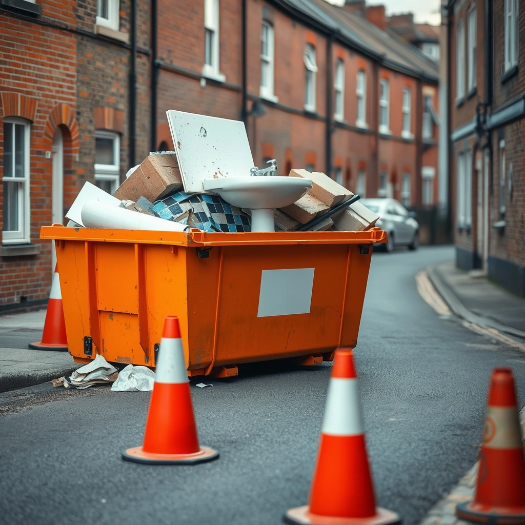 A large metal construction dumpster filled with bathroom debris parked on a residential street with orange traffic cones.