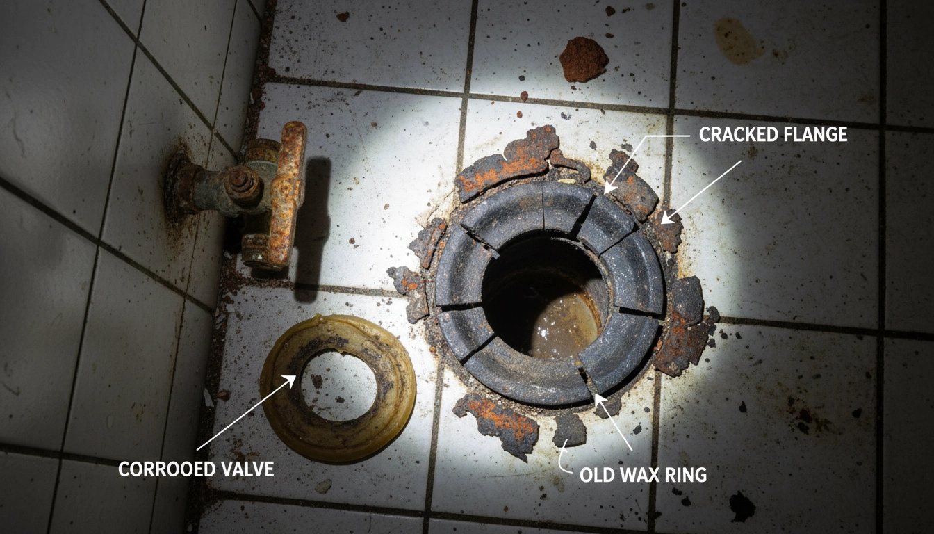 A close-up of a corroded cast iron toilet flange on a bathroom floor needing repair.