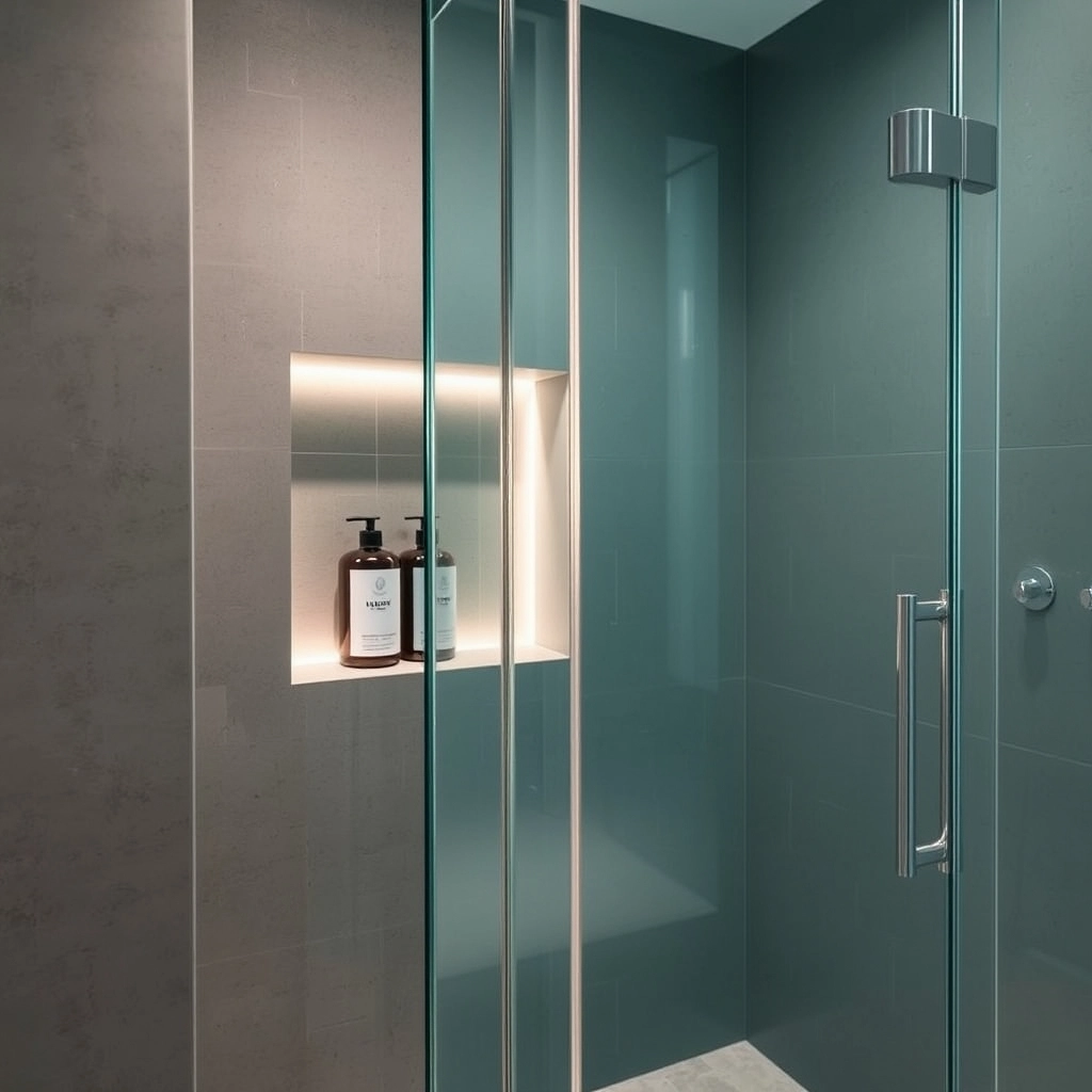 A luxury master bathroom featuring a curbless shower with thick frameless glass panels and recessed LED lighting.
