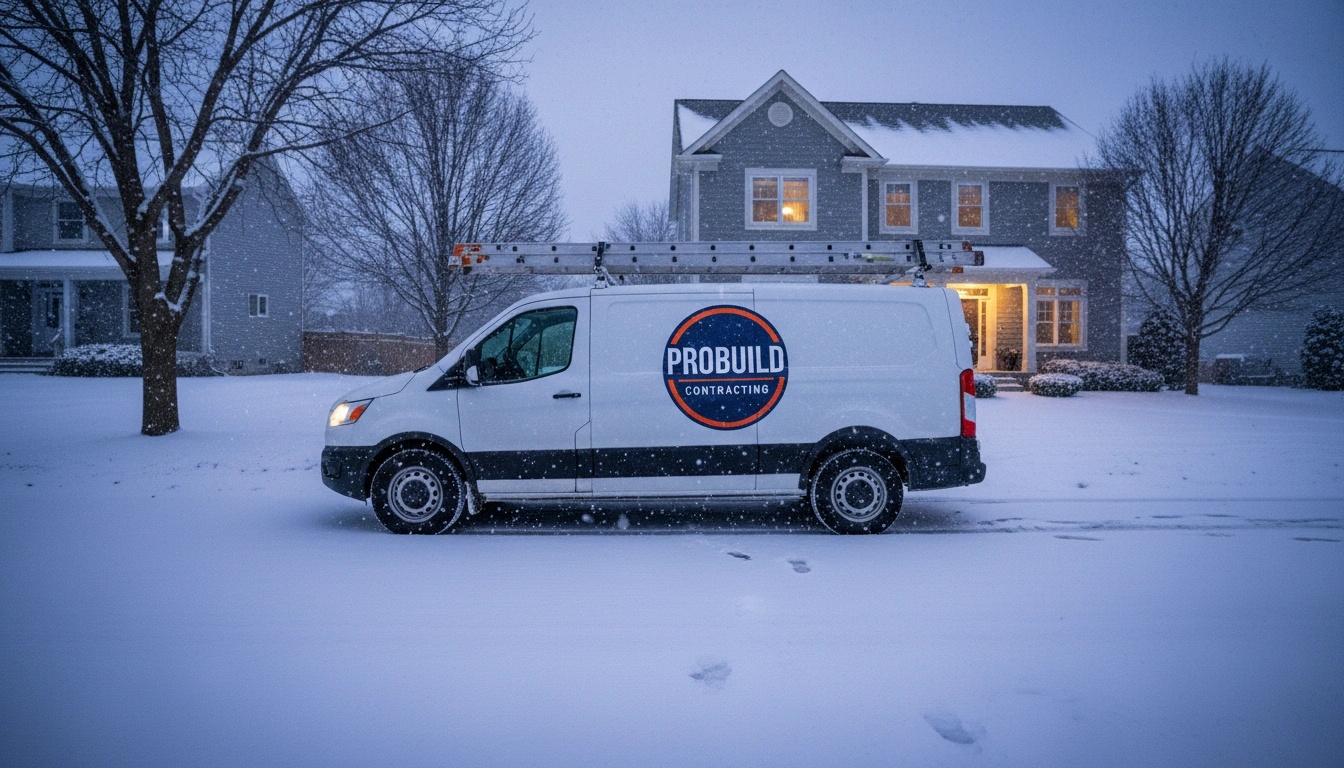 A white contractor work van parked in front of a house during light snowfall to represent winter renovation timing.