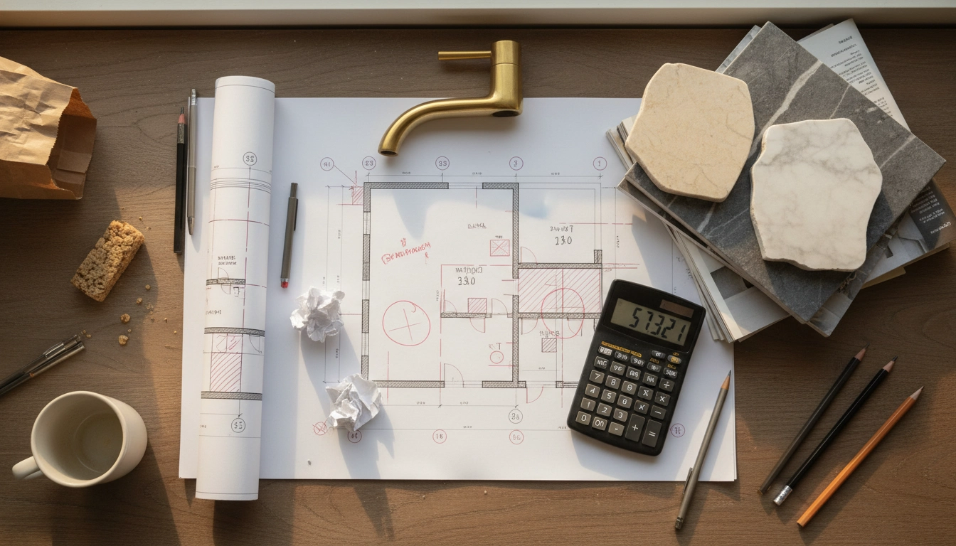 A desk covered with architectural blueprints, a digital calculator, and various tile samples for bathroom planning.