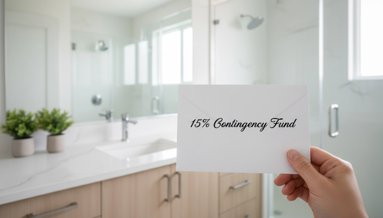 A clean, finished modern bathroom with a hand holding a cash envelope labeled contingency fund to show the end of a bathroom remodel cost journey.