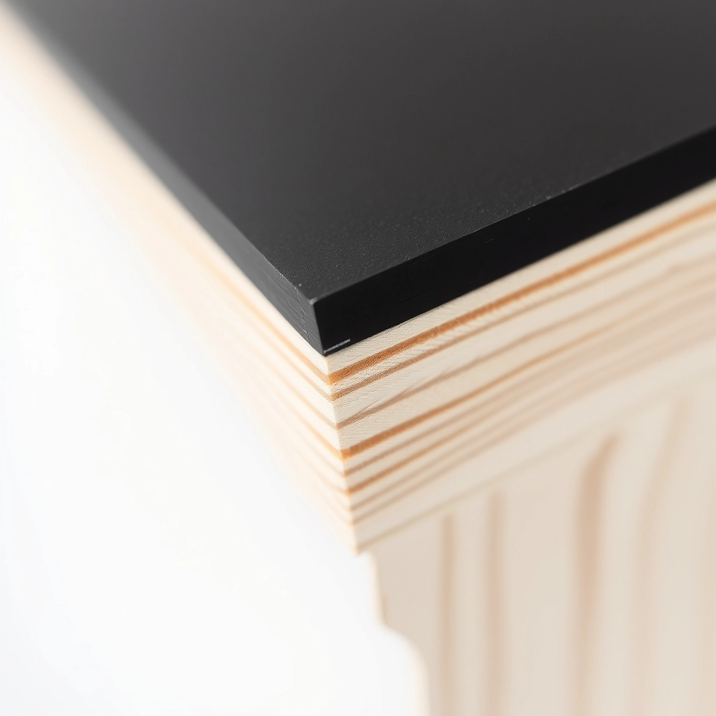 A close-up view of the layered wood grain in a high-quality black bathroom cabinet substrate.