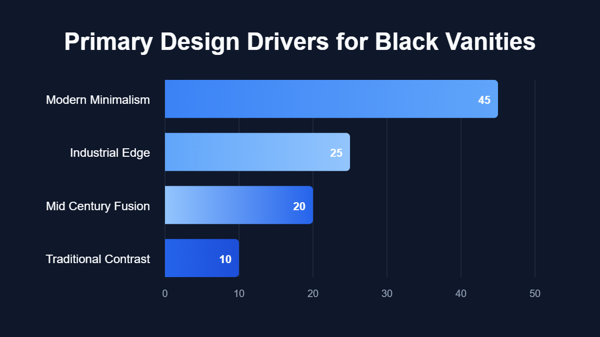 A pie chart titled "Primary Design Drivers for Black Vanities" showing data for Modern Minimalism, Industrial Edge, Mid Century Fusion, Traditional Contrast.