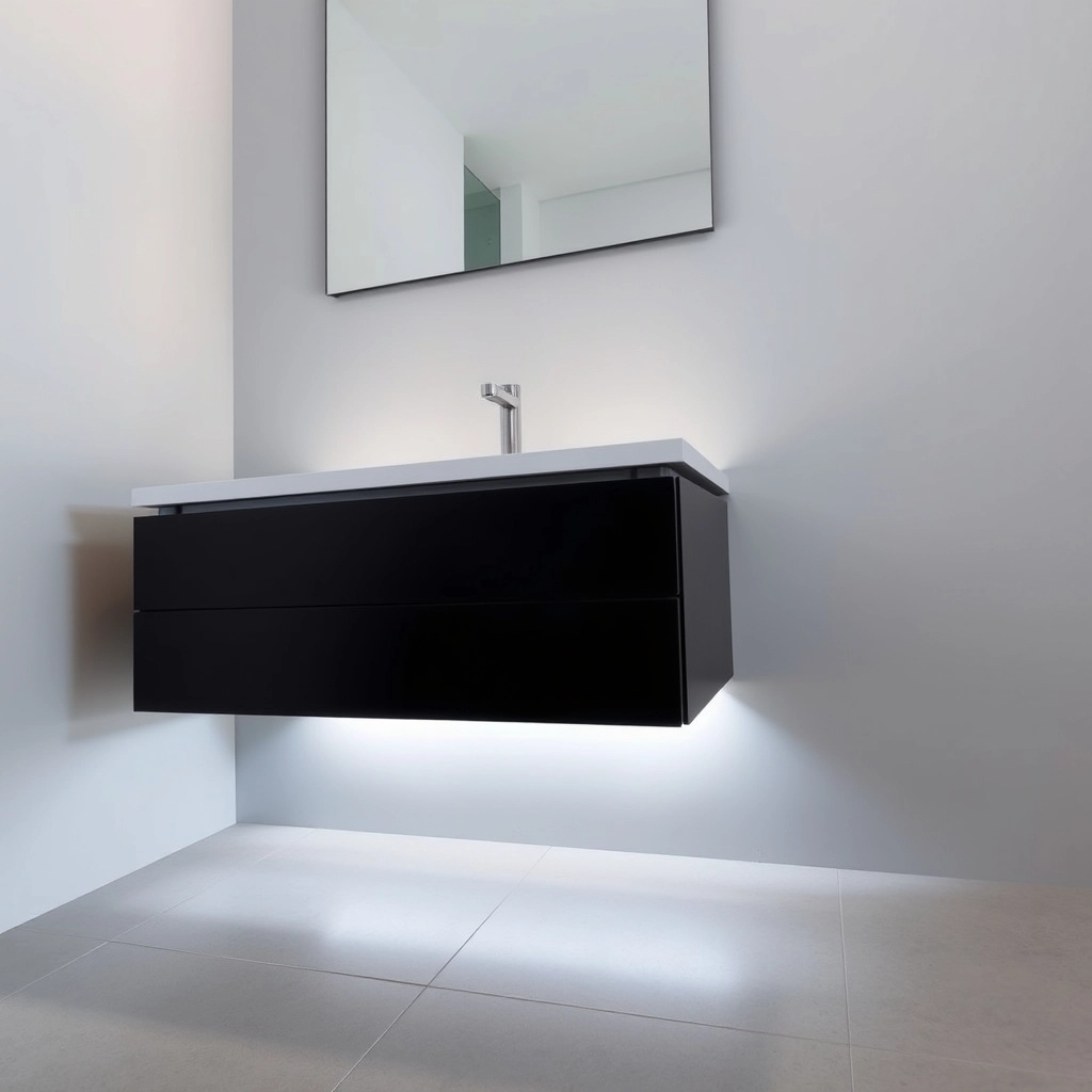 A wall-mounted black bathroom cabinet with a soft LED glow underneath.