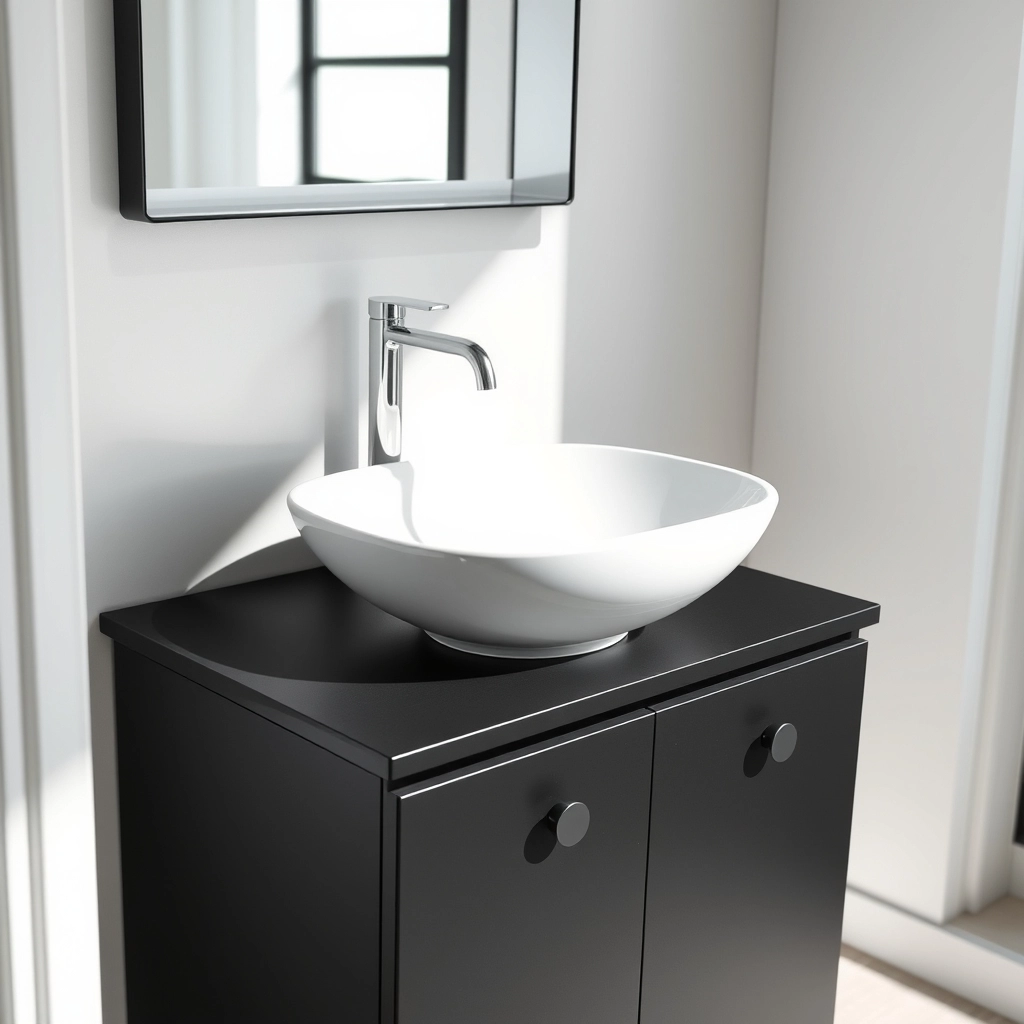 A white ceramic vessel sink sitting on top of a matte black bathroom cabinet.