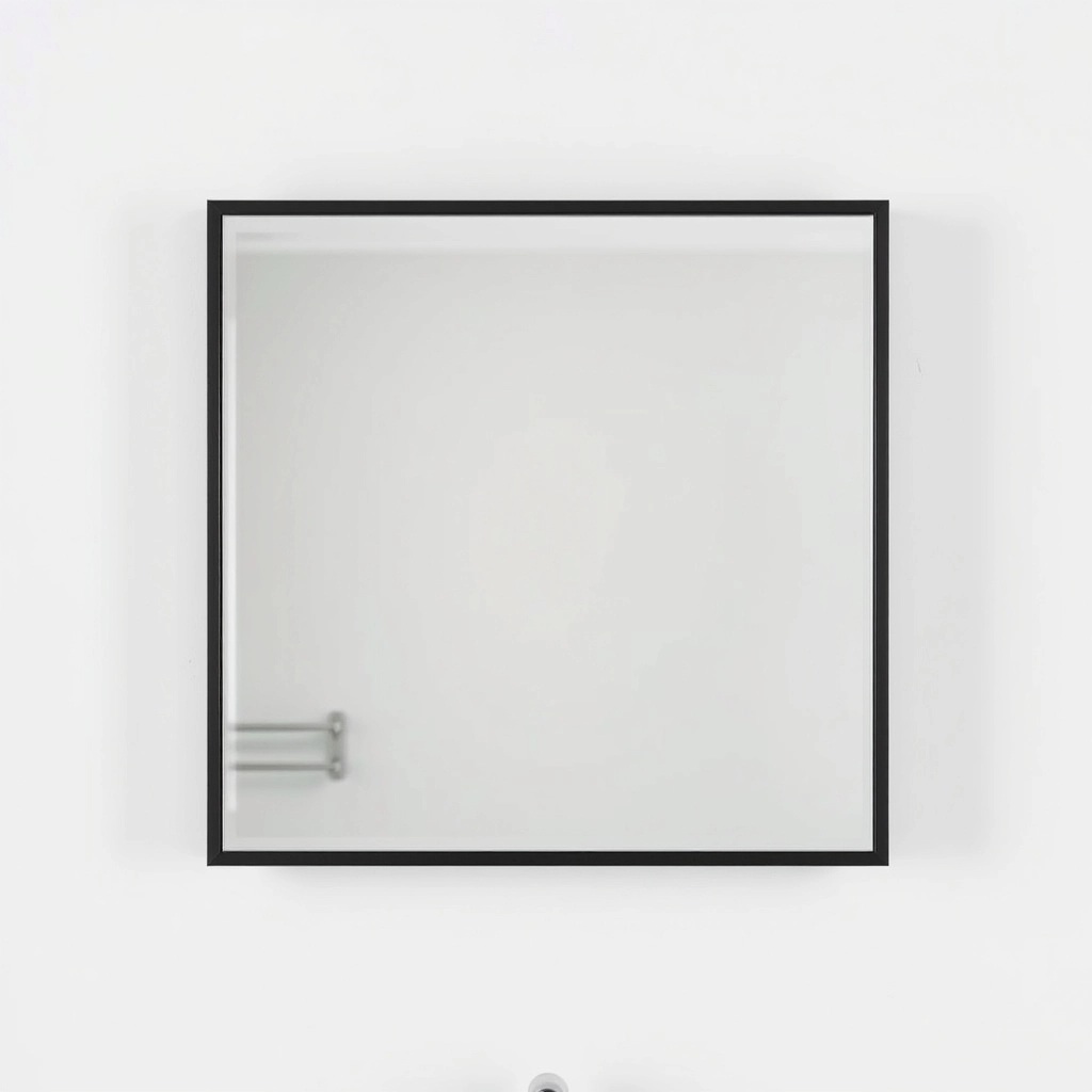 A black-framed mirrored cabinet recessed into a bathroom wall for a flush finish.