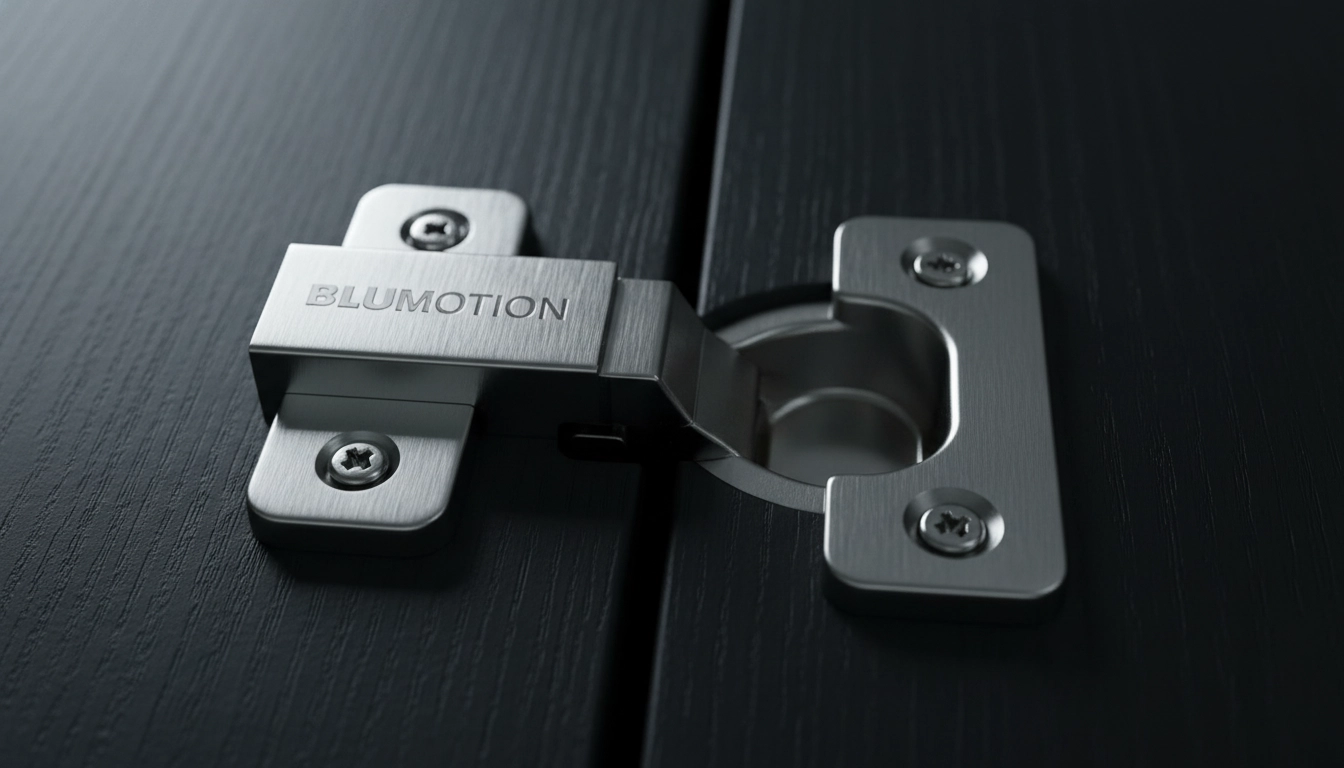 A high-quality metal hinge attached to the interior of a black bathroom cabinet.
