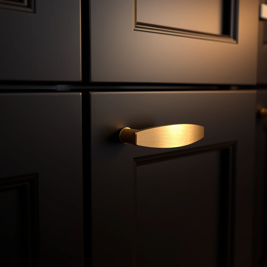 Elegant brushed gold handles mounted on a matte black bathroom cabinet door.
