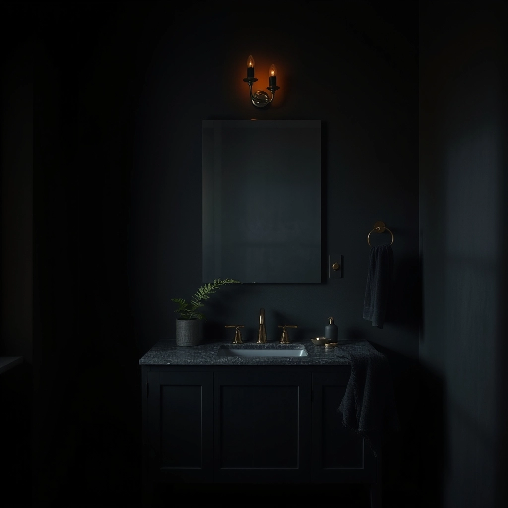 A tranquil bathroom scene with dark walls and a black bathroom cabinet, creating a sanctuary vibe.