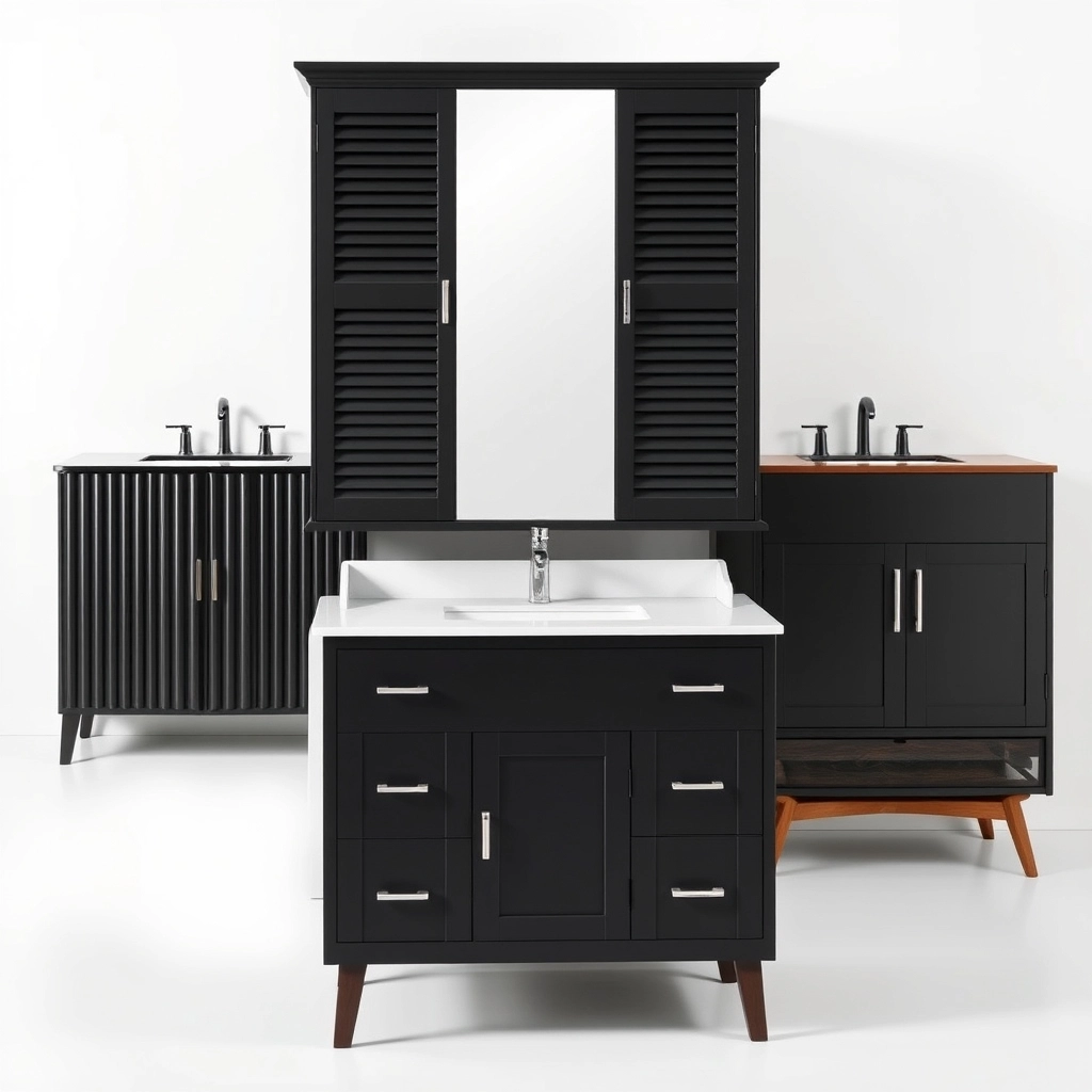 A montage or split-view of different black bathroom cabinet designs, from floating to traditional.