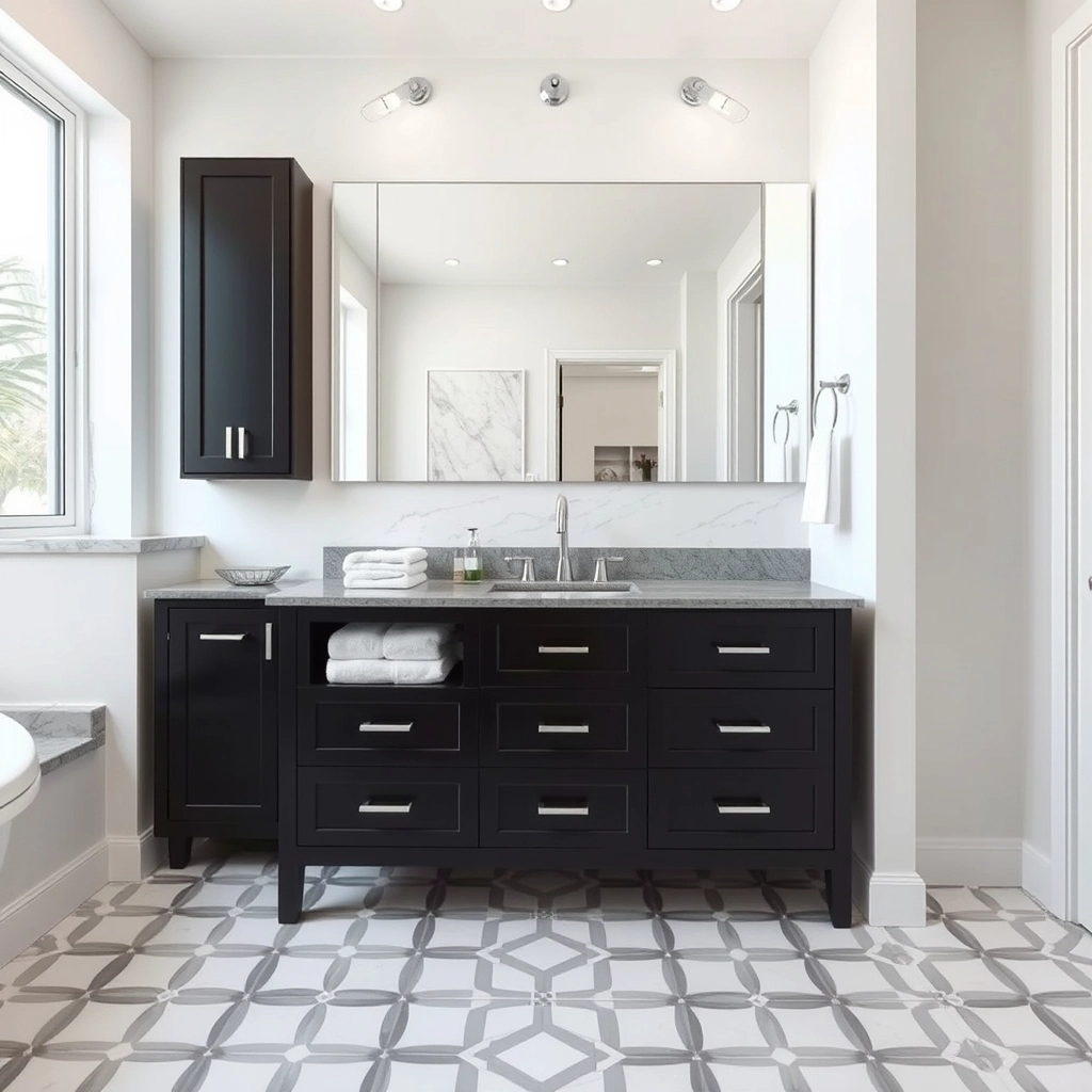 A beautifully designed modern bathroom featuring a prominent black bathroom cabinet as the center piece.