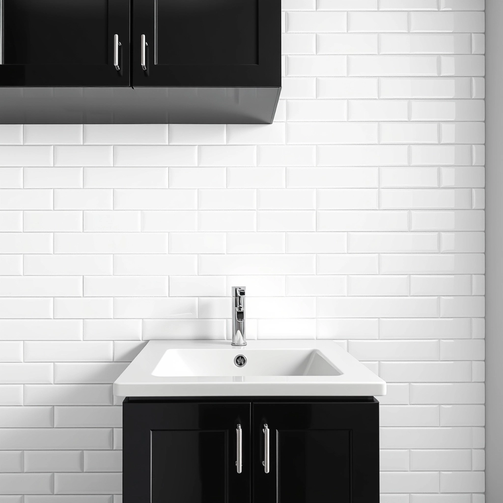 A minimalist black bathroom storage cabinet positioned against a bright white subway tile wall.
