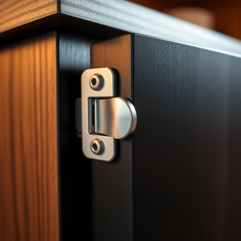 Detail shot of a black bathroom storage cabinet showing high-quality stainless steel hinges and a smooth finish.