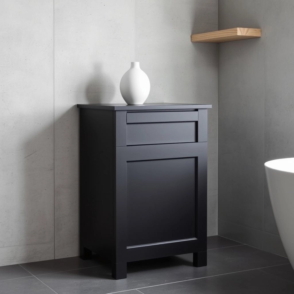 A matte black bathroom storage cabinet paired with natural wood accents and a concrete countertop.