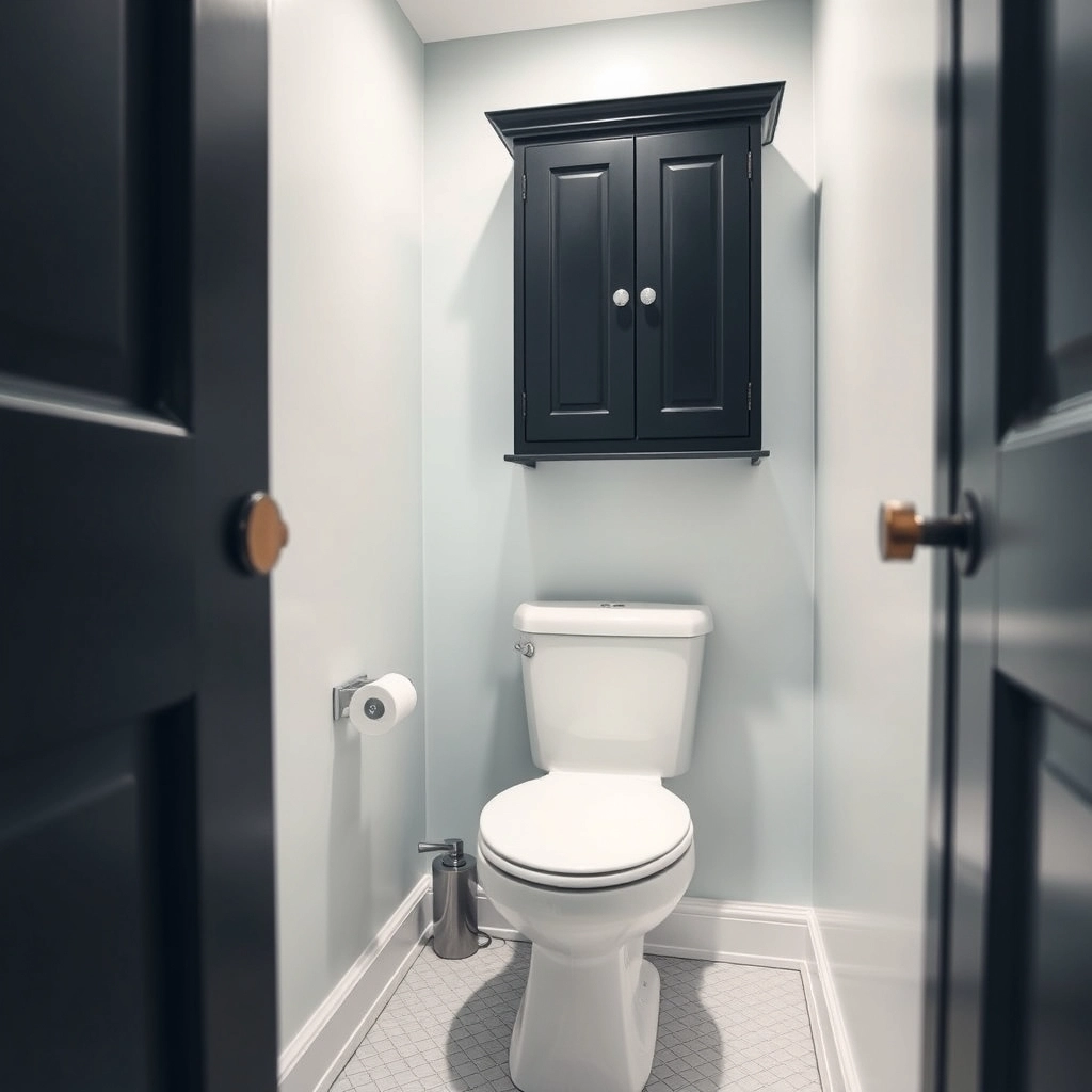 A wall-mounted black bathroom storage cabinet installed at eye level above a toilet to save space.
