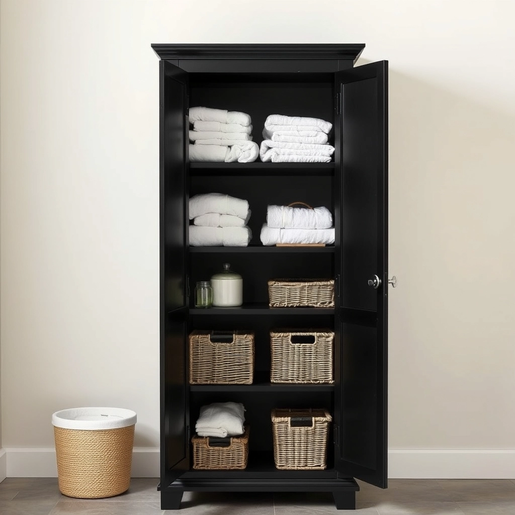 A tall black bathroom storage cabinet linen tower with adjustable shelving and organized towels.