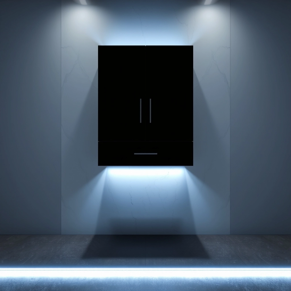 A modern floating black bathroom storage cabinet with integrated lighting underneath.