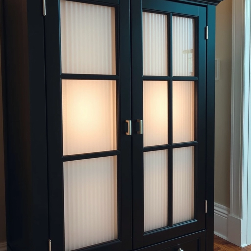 A black bathroom storage cabinet featuring frosted glass doors for a sophisticated storage look.