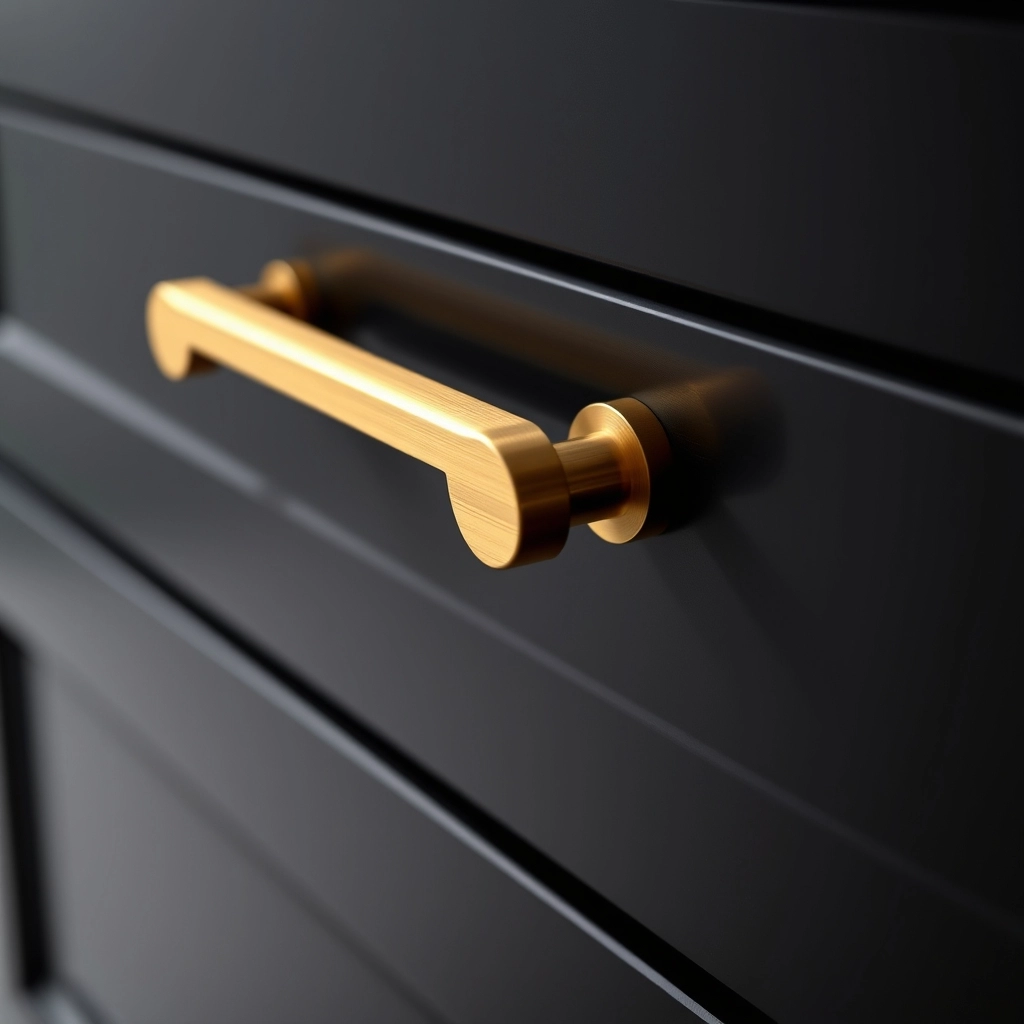 Close-up of a black bathroom storage cabinet featuring elegant brushed gold handles.