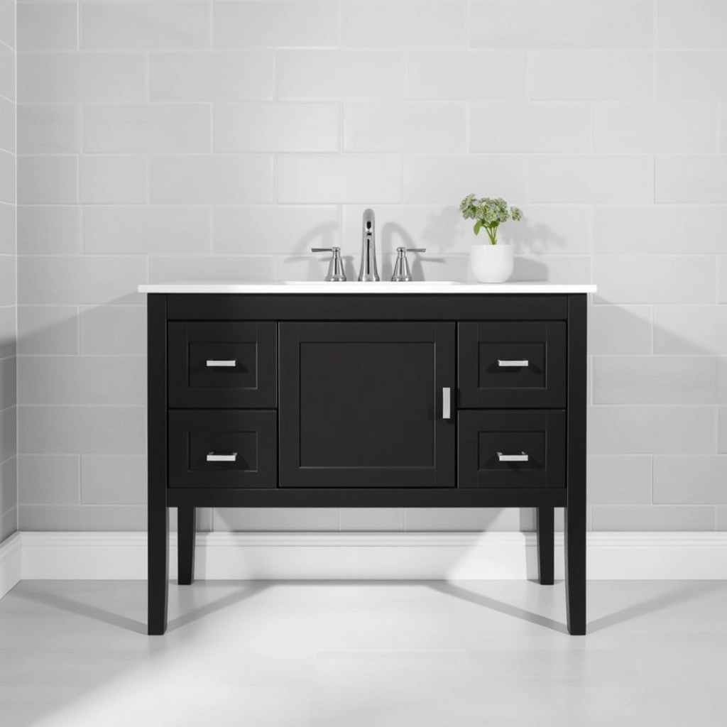 A matte black bathroom vanity in a shaker style with a white countertop.