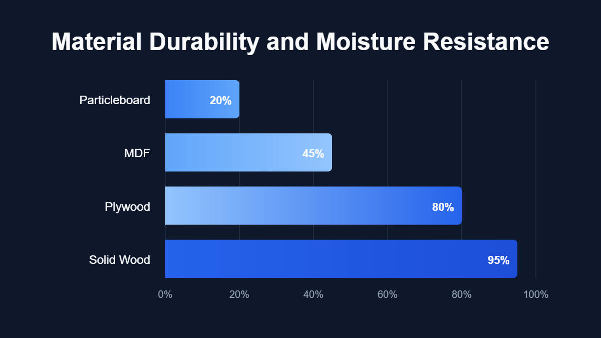 A bar chart titled "Material Durability and Moisture Resistance" showing data for Particleboard, MDF, Plywood, Solid Wood.