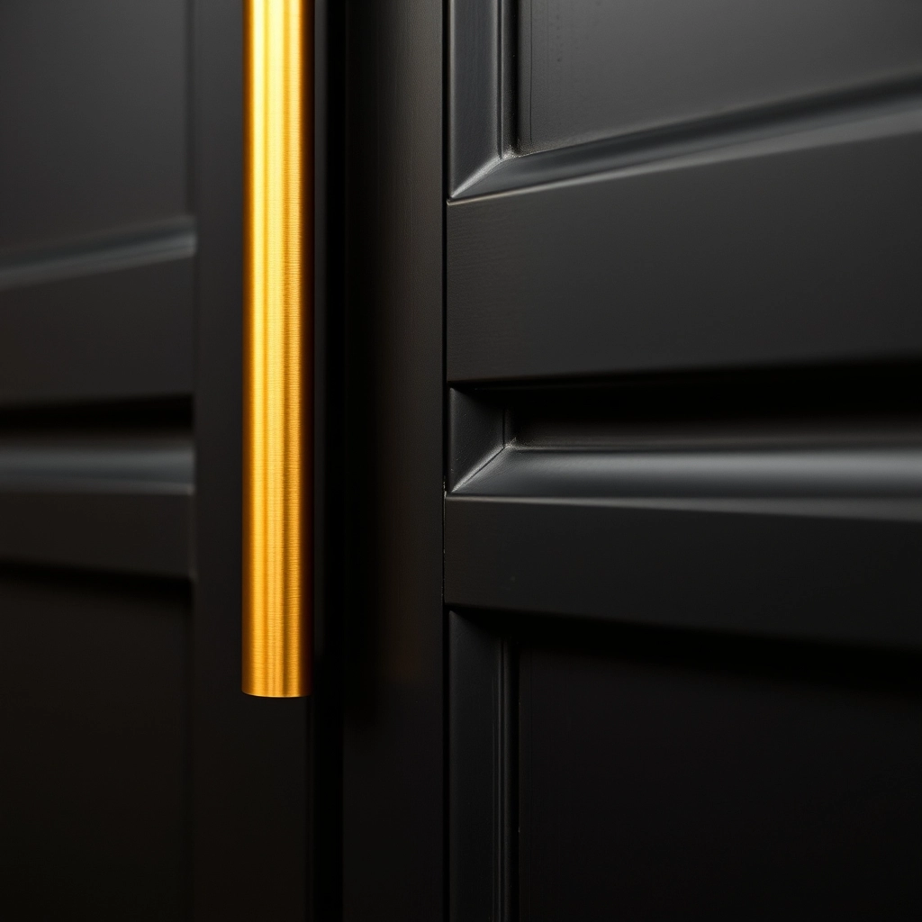 Close-up of a matte black bathroom vanity featuring brushed gold hardware and handles.