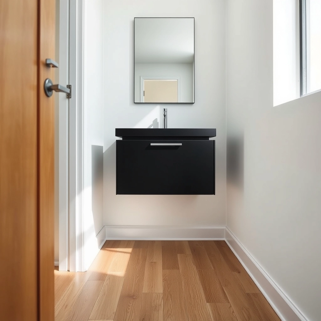 A wall-mounted floating black bathroom vanity in a small, modern bathroom.