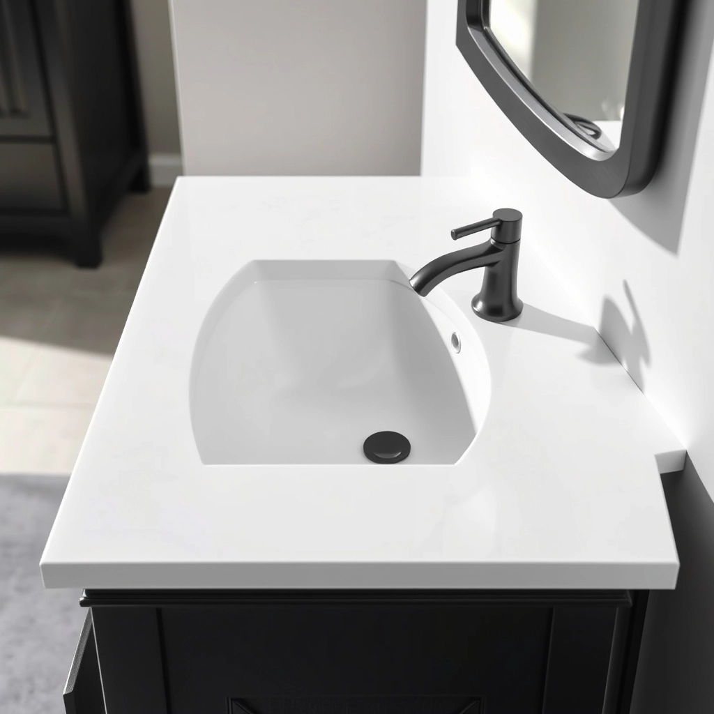 A high-quality black bathroom vanity with a durable white quartz countertop.