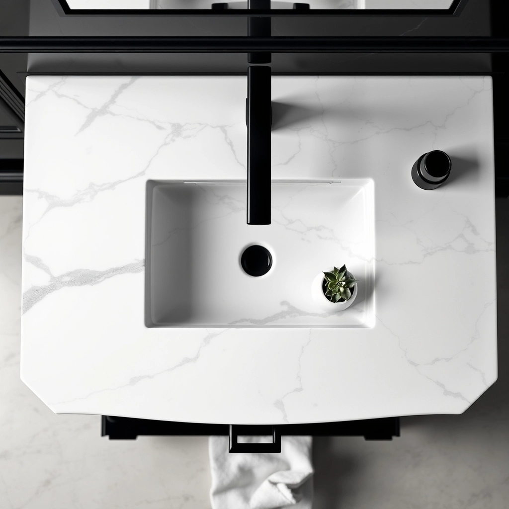 A sophisticated black bathroom vanity topped with a grey-veined white marble slab.