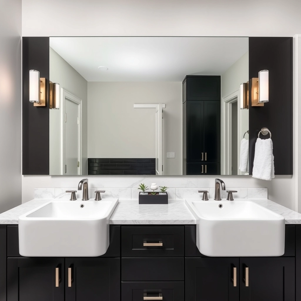 A 60-inch double sink black bathroom vanity in a well-lit master bathroom.