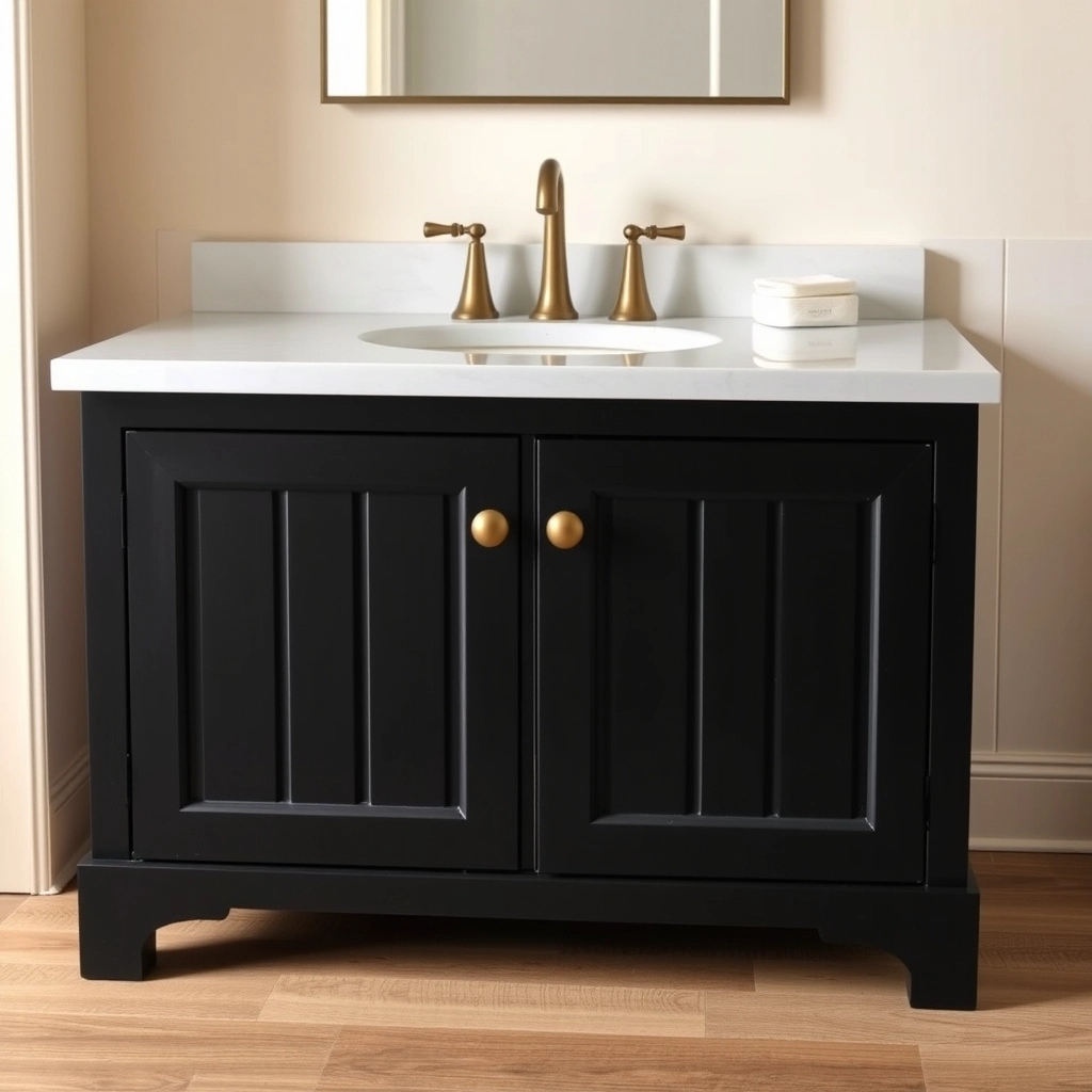 A classic black shaker style bathroom vanity with traditional brass hardware.